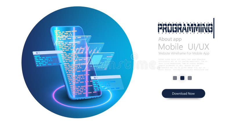Development and software. Concept of programming, data processing. Computer code with on phones screen. Software royalty free illustration