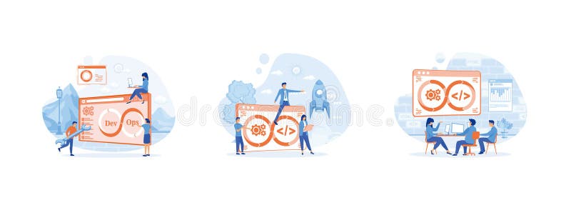 Development and Software. Software delivery automation process. Teamwork project management. stock illustration