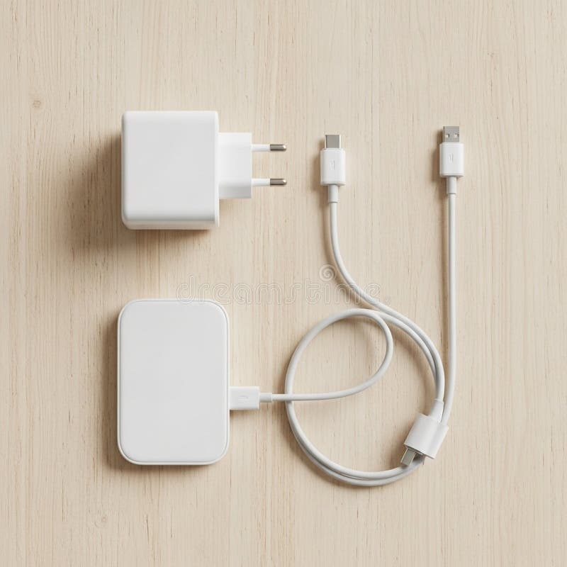 Device charging setup on a light wood surface. Includes a white USB royalty free illustration