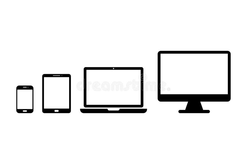 Device icon set in flat style. Smartphone, tablet, laptop and desktop computer symbols. Digital device collection. stock illustration