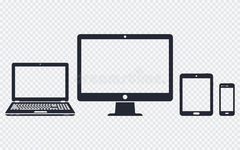 Device icons - desktop computer, laptop, smart phone and tablet on transparent background vector illustration Device icons - desktop computer, laptop, smart phone and tablet on transparent background vector illustration