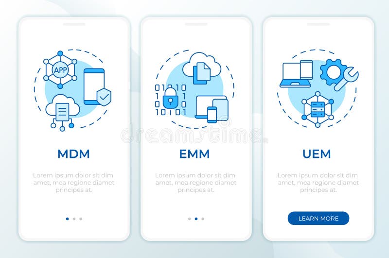 Device management blue onboarding mobile app screen royalty free illustration