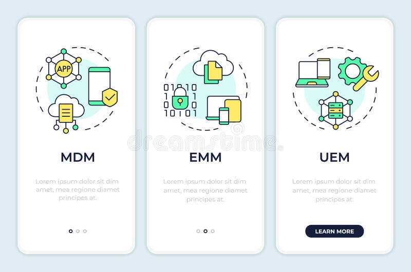 Device management types onboarding mobile app screen stock illustration