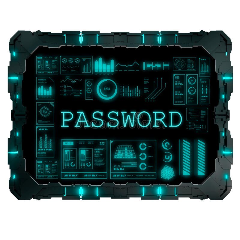 Device screen interface with text password glowing blue lights for login and unlocking advanced futuristic security system stock illustration