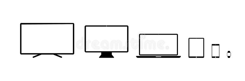 Device vector icon: tv, computer desktop, laptop, tablet, smartphone, watch. Set of devices vector isolated icons