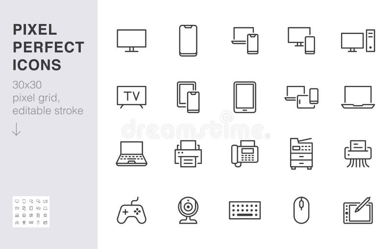 Devices line icons set. Computer, laptop, mobile phone, fax, scanner, smartphone minimal vector illustrations. Simple royalty free illustration