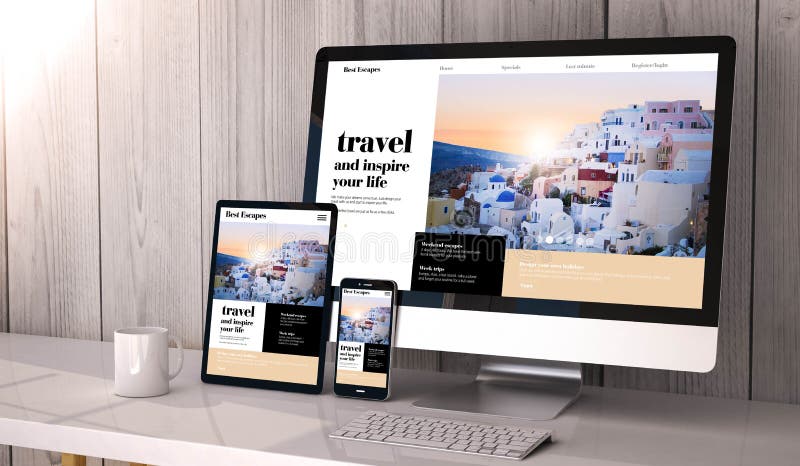 Devices responsive on workspace travel website design royalty free stock images