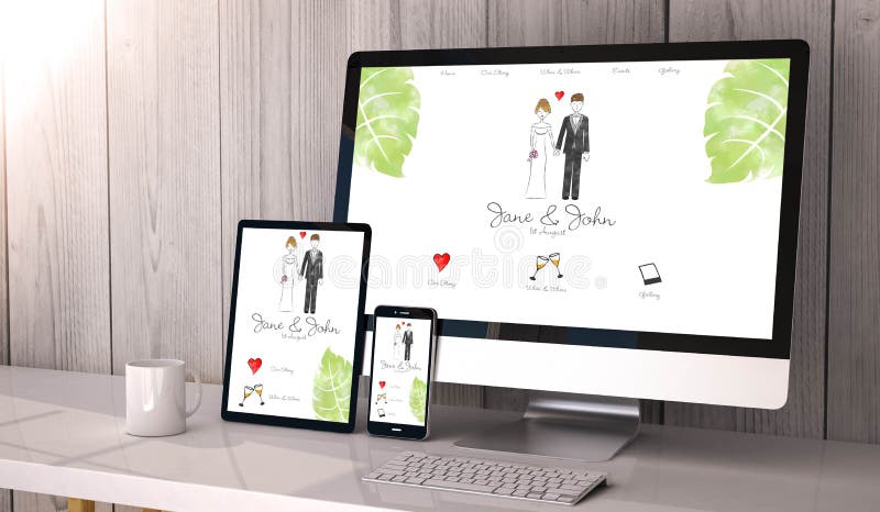 Devices responsive on workspace wedding website design royalty free illustration