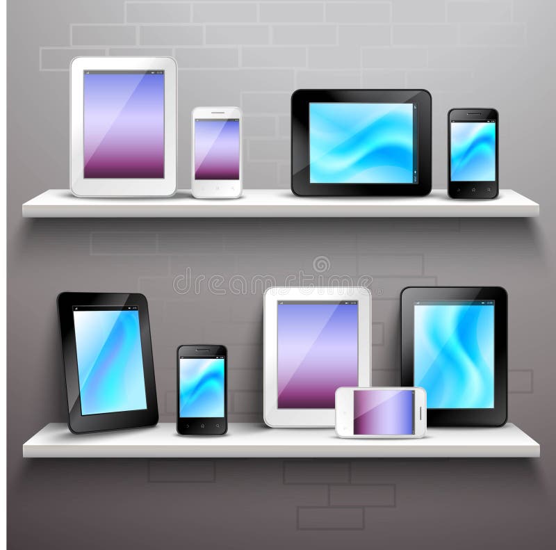 Realistic mobile electronic devices set on shelves store vector illustration. Tech store vectors