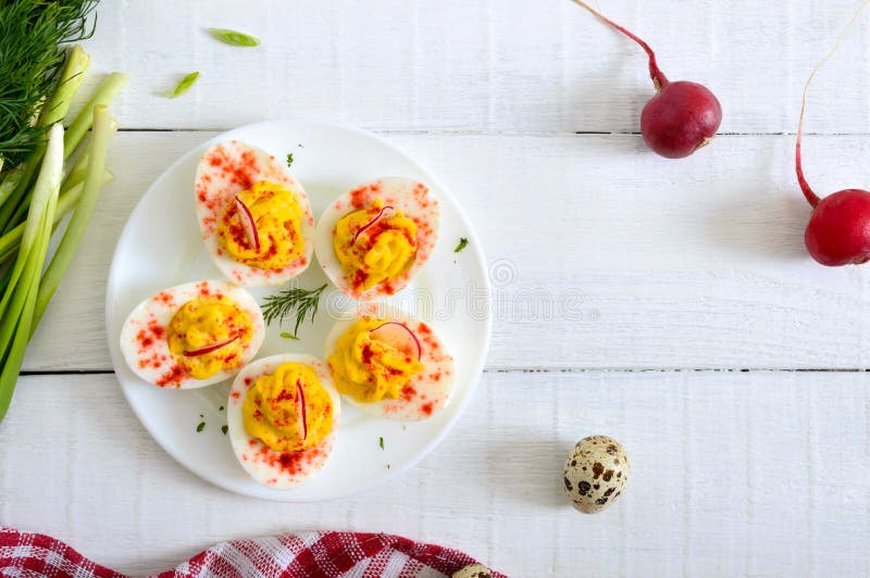 Deviled Eggs. Delicious Appetizer. Boiled Eggs Stuffed with Yolk, Mustard, Mayonnaise, Paprika