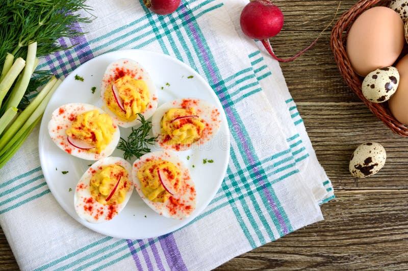 Deviled Eggs. Delicious Appetizer. Boiled Eggs Stuffed with Yolk