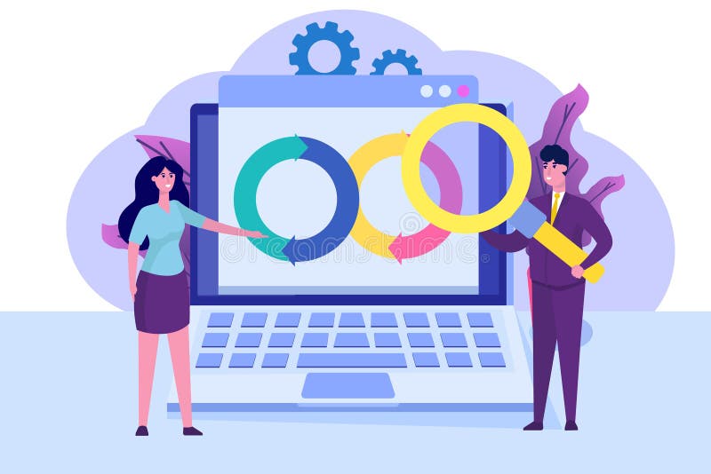 Devops concept. Application development, building. API prototyping, programming and testing. stock illustration