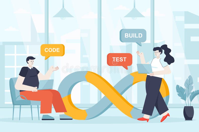 DevOps concept in flat design. Teamwork and communication in office vector illustration