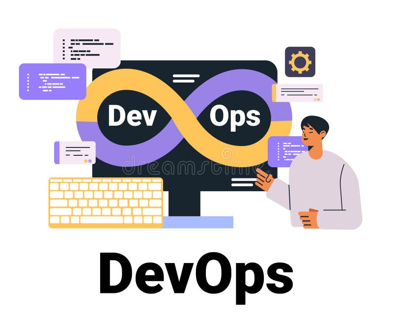 DevOps concept with infinity loop symbol programmer interacting with computer code elements gear icons colorful design royalty free illustration