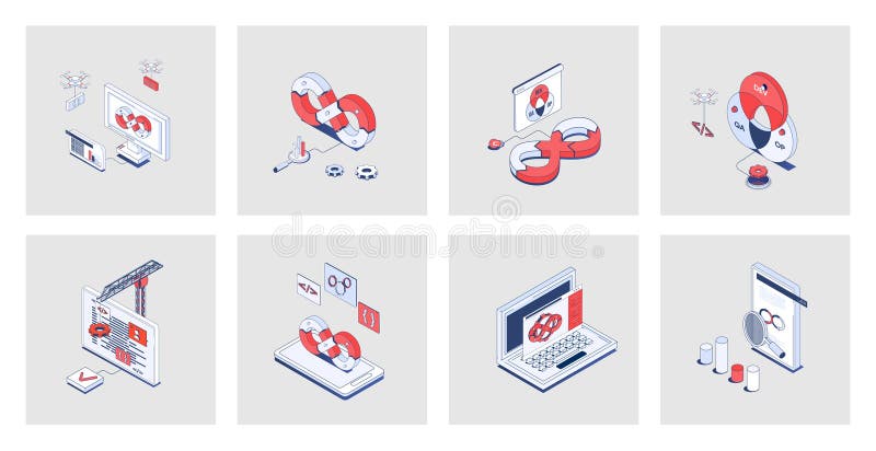 DevOps concept of isometric icons in 3d isometry design for web. royalty free illustration