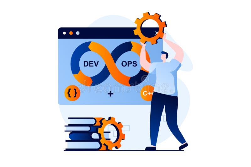 DevOps concept with people scene in flat cartoon design. stock illustration