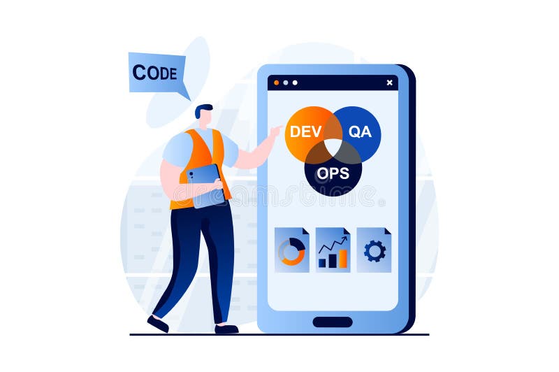 DevOps concept with people scene in flat cartoon design. royalty free illustration