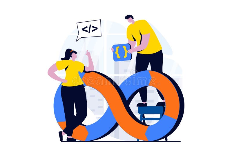 DevOps concept with people scene in flat cartoon design. royalty free illustration