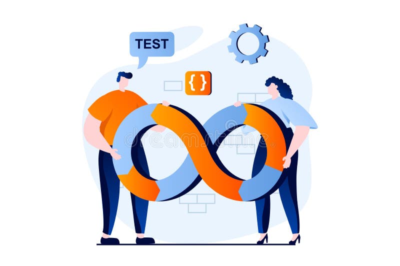 DevOps concept with people scene in flat cartoon design. vector illustration
