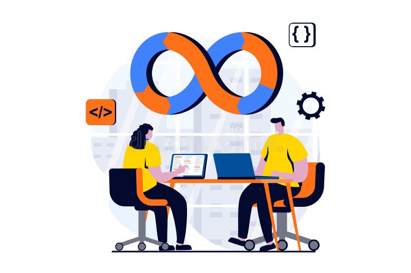 DevOps concept with people scene in flat cartoon design. stock illustration