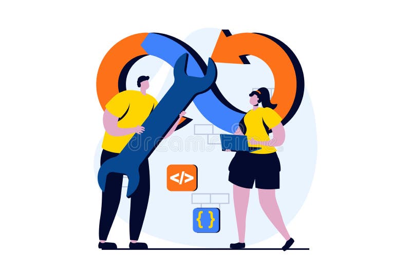 DevOps concept with people scene in flat cartoon design. vector illustration