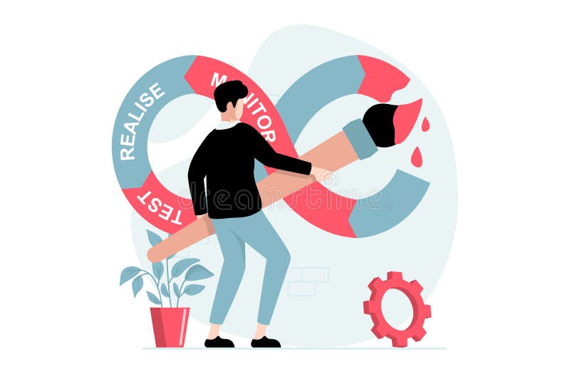 DevOps concept with people scene in flat design. stock illustration