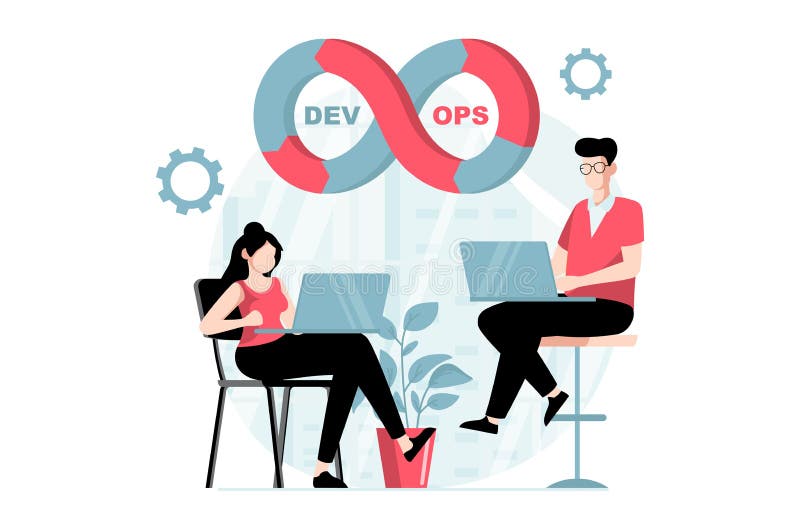 DevOps concept with people scene in flat design. vector illustration
