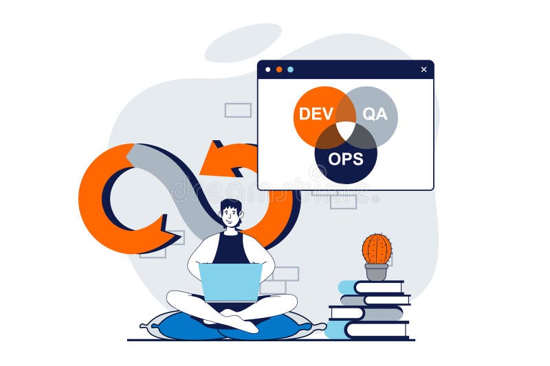 DevOps concept with people scene in flat design for web stock illustration