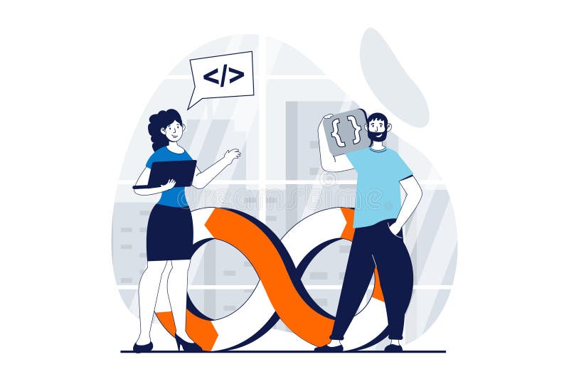 DevOps concept with people scene in flat design for web stock illustration