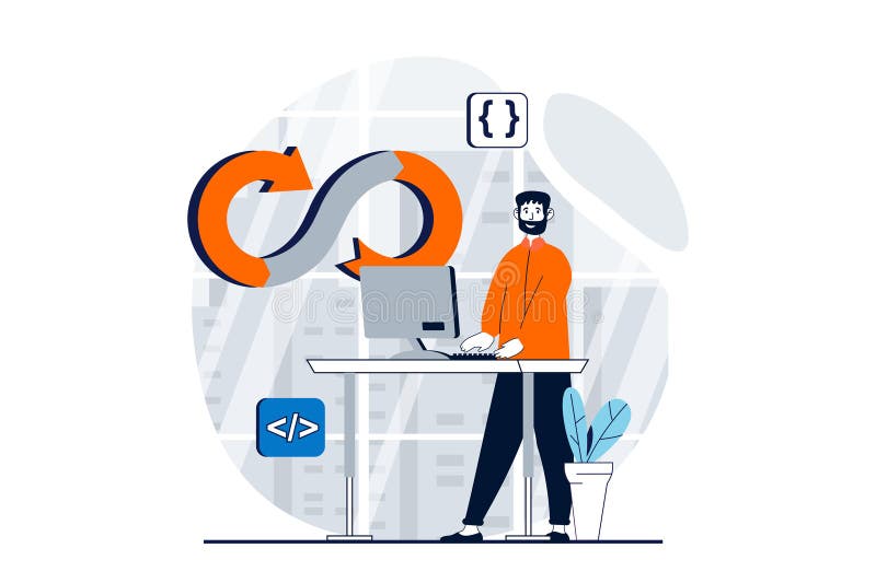 DevOps concept with people scene in flat design for web stock illustration