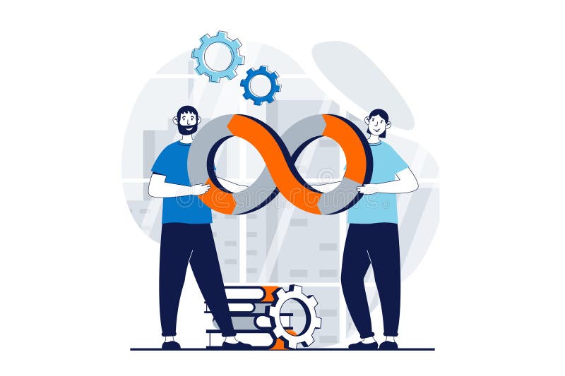 DevOps concept with people scene in flat design for web vector illustration