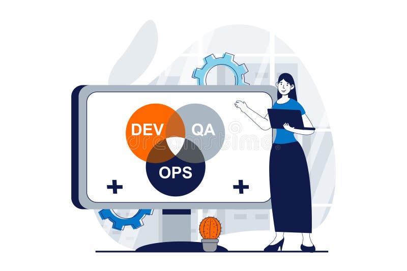 DevOps concept with people scene in flat design for web stock illustration