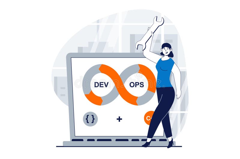 DevOps concept with people scene in flat design for web stock illustration