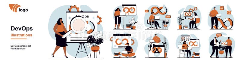 DevOps concept with people scenes mega set in flat web design. Bundle of character situation with development operations stock illustration