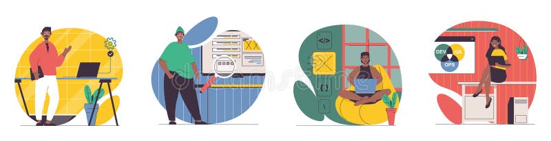 DevOps concept with people scenes set in flat web design. Vector illustrations. stock illustration
