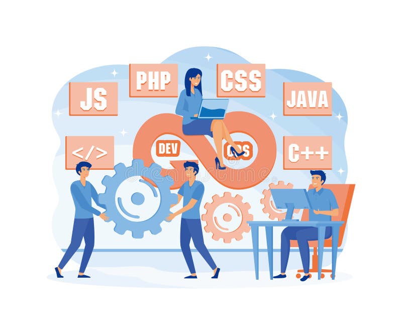 DevOps concept. Programmers practice of development and software operations. Developer working on operations process. vector illustration
