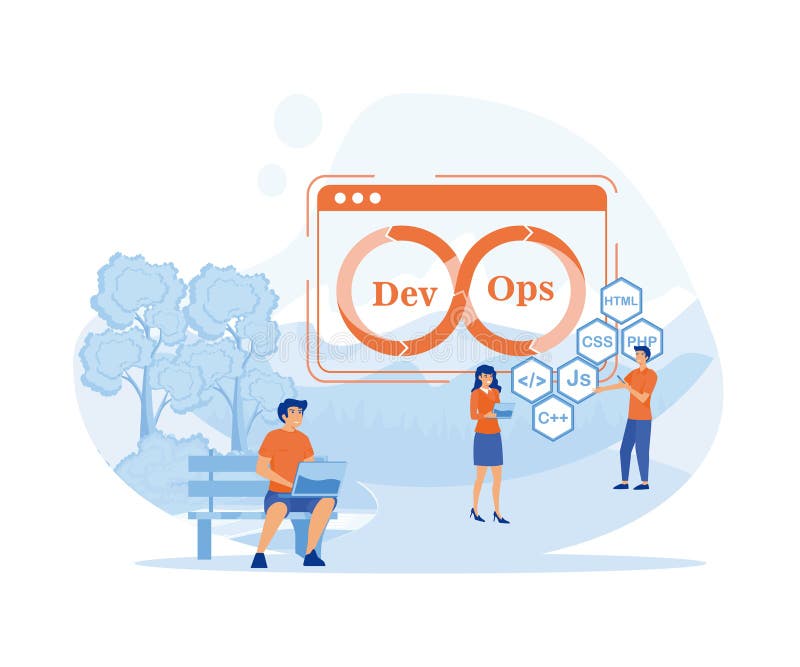 DevOps concept. Programmers practice of development and software operations. stock illustration