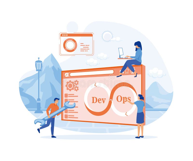 DevOps Concept Tiny Programmers Practice Development and Software. flat vector modern illustration