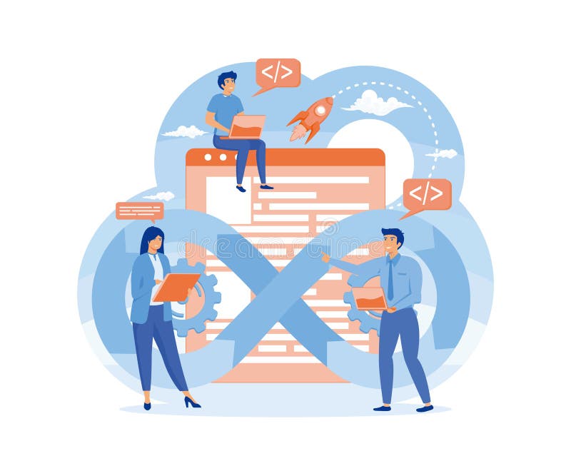 DevOps developers characters, software delivery automation process concept. Software development operations workflow. royalty free illustration