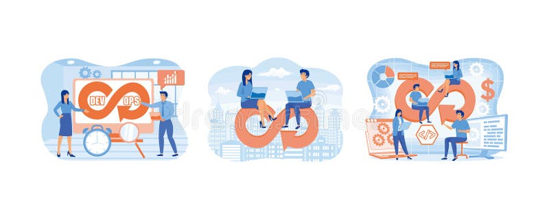 DevOps developers work with automation process in shape of infinity sign. business people working with computers on the Devops vector illustration