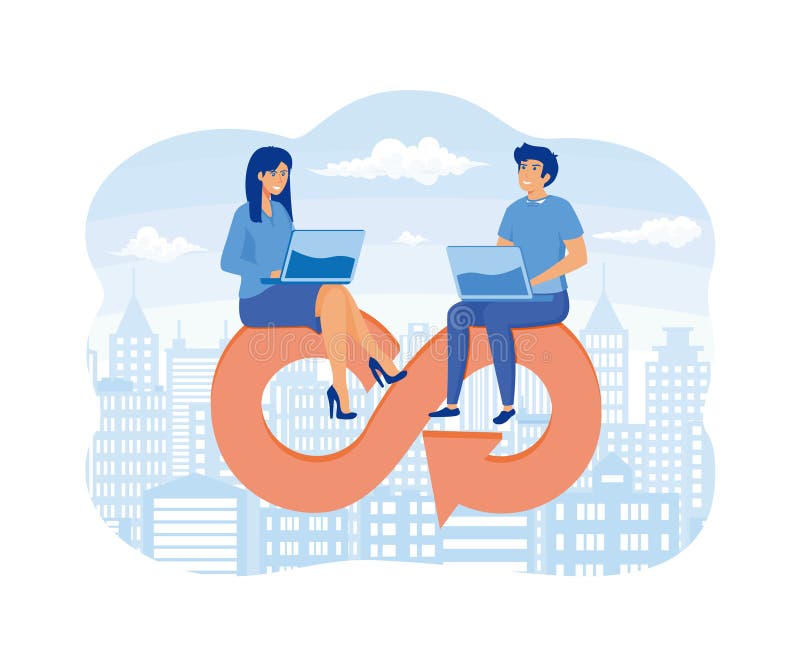 Devops, development operations for agile software development, business people working with computers on the Devops cycle. stock illustration