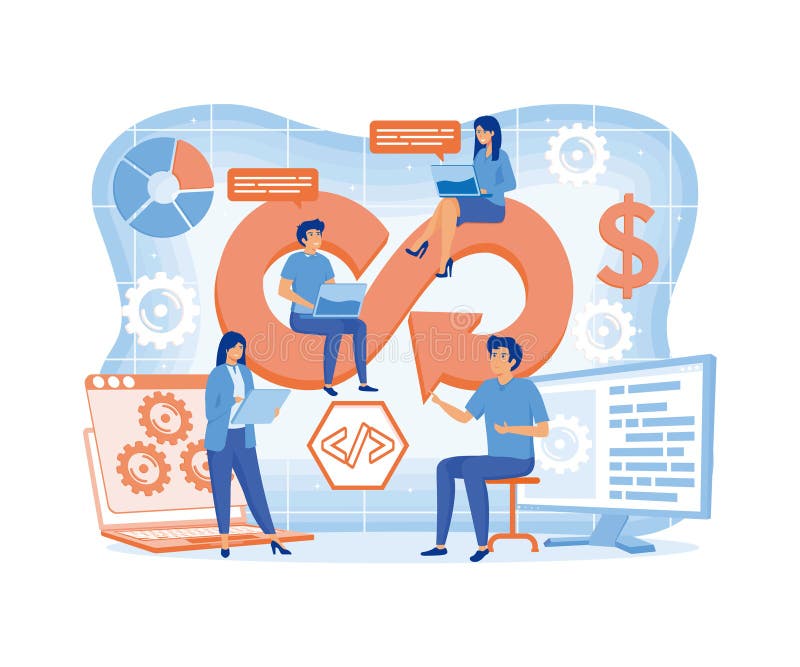 DevOps engineers web design with people. DevOps developers work with computers scene. Development operations composition. stock illustration