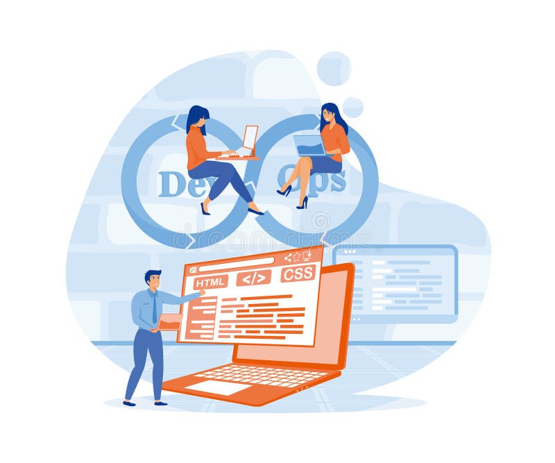 DevOps engineers web design with people. stock illustration