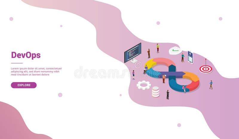 Devops software development methodology with modern isometric style for website landing homepage template - vector stock illustration