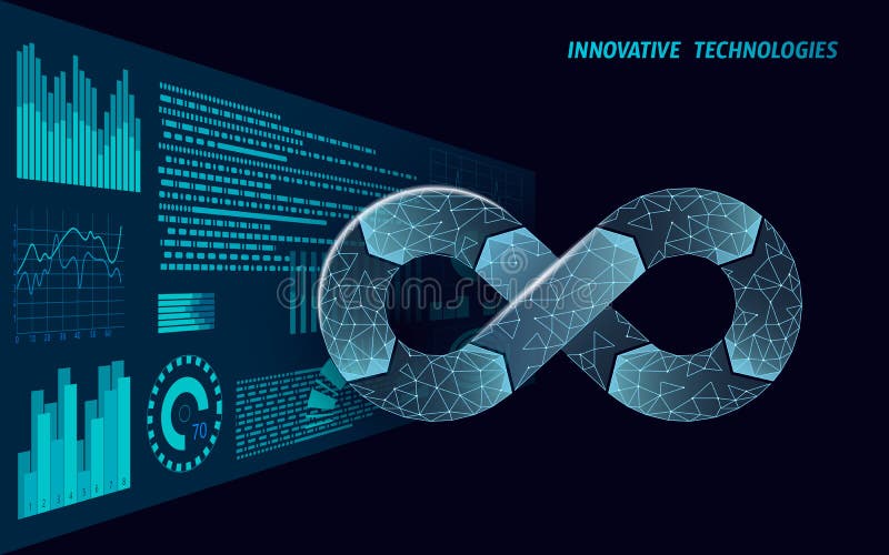 Devops software development operations infinity symbol. Programmer administration HUd display system. Coding building vector illustration