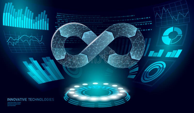 Devops software development operations infinity symbol. Programmer administration HUd display system. Coding building vector illustration
