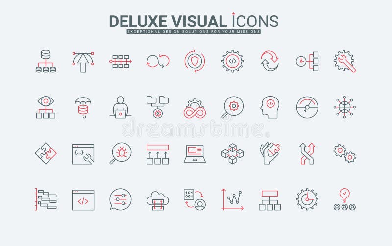 DevOps, software development process methodology, code and bug testing line icon set. DevOps, software development process methodology line icon set. Code and bug testing, maintenance service and support for product by IT teams thin black and red outline symbols vector illustration