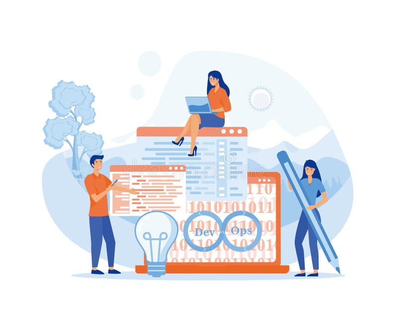 DevOps software, team of programmer, development and operations. vector illustration