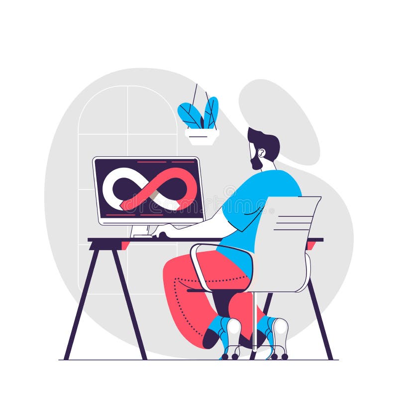 DevOps web concept. Programmer or developer working on computer stock illustration