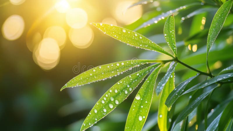Dew-Covered Green Leaves with Sunbeams Shining Through stock illustration